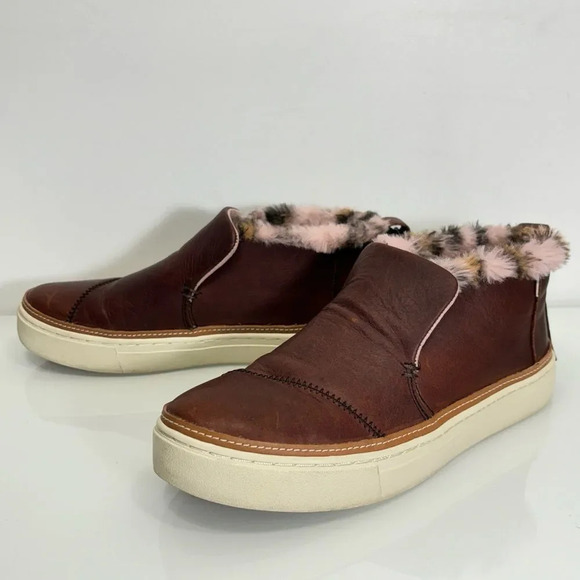 Toms Faux Pink Brown Leo Fur Paxton Brown Leather Slip-Ons Size 7 - Picture 5 of 12